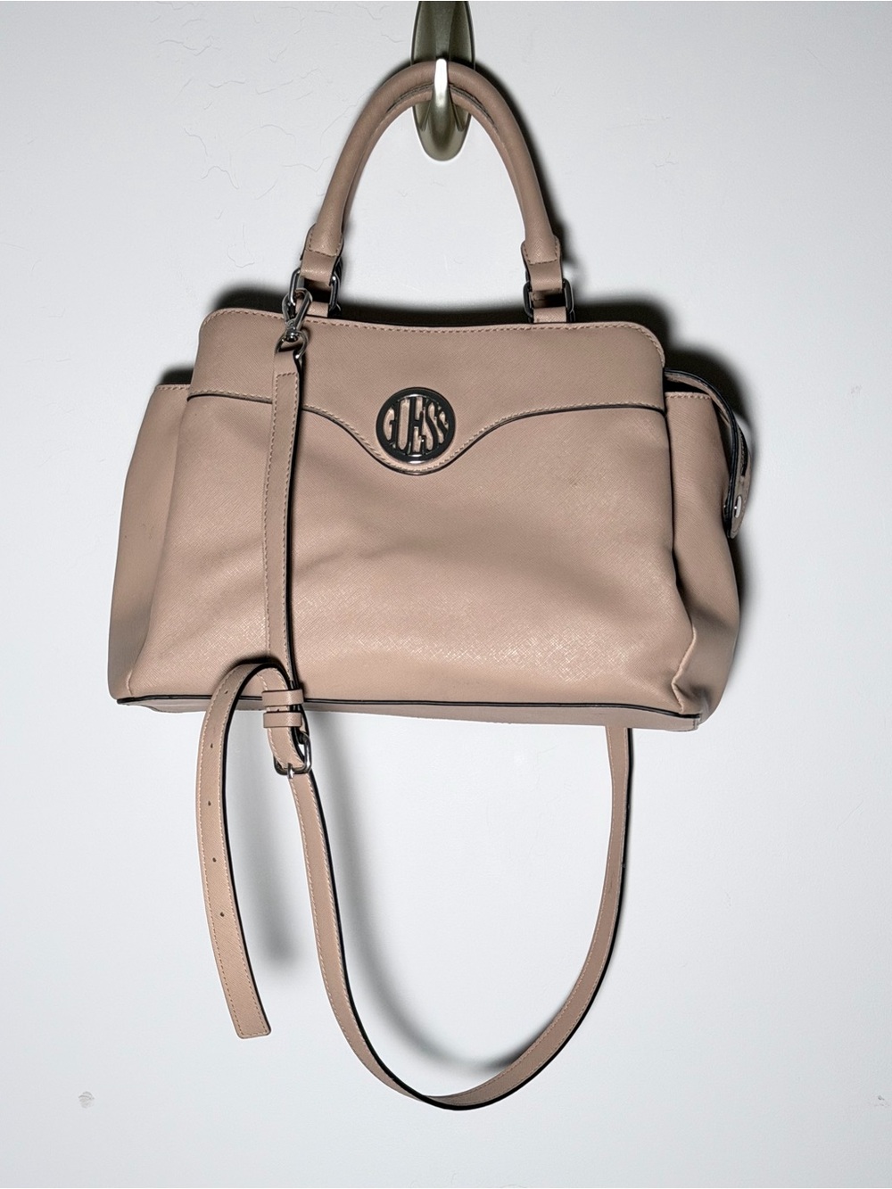 Guess Blush Taupe Leather Satchel with Logo Medallion w/ Card Wallet Holder